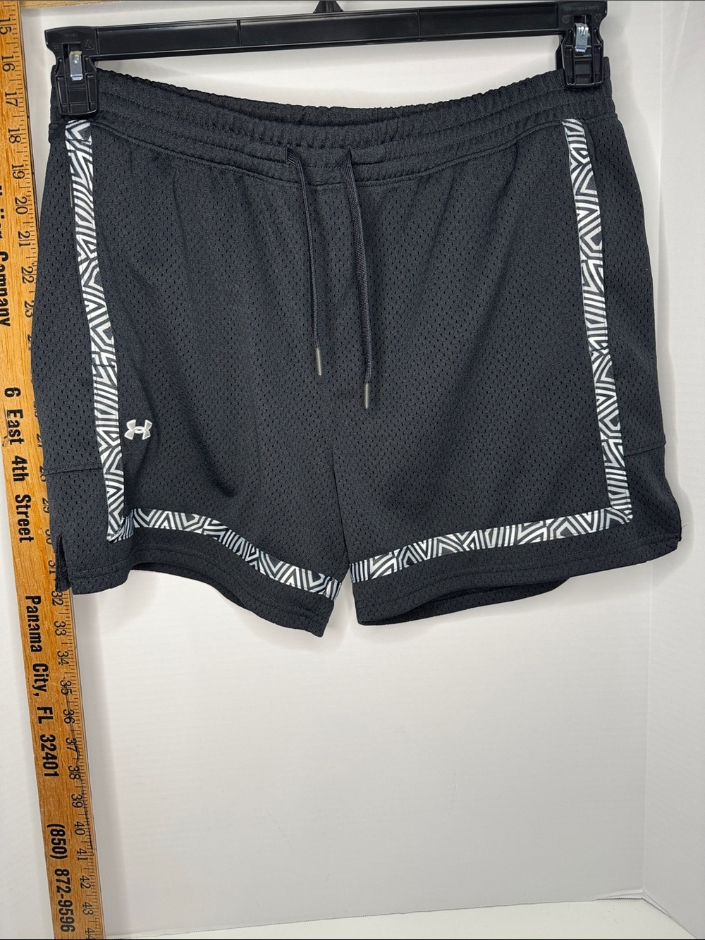 Under Armour Black Athletic Mesh Shorts with White Geometric Trim
